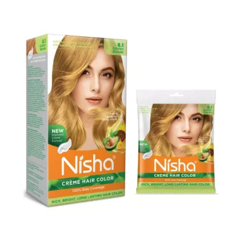 Nisha Creme Hair Color 8.1 Golden Blonde Combo Developer 90Ml Colorant Tube (60G)Conditioner 6Ml Box (40Gm) Pouch 1Pack