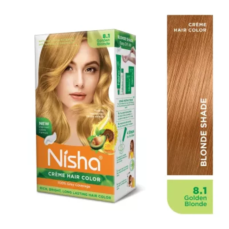 Nisha Creme Hair Color 8.1 Golden Blonde Combo Developer 90Ml Colorant Tube (60G)Conditioner 6Ml Box (40Gm) Pouch 1Pack