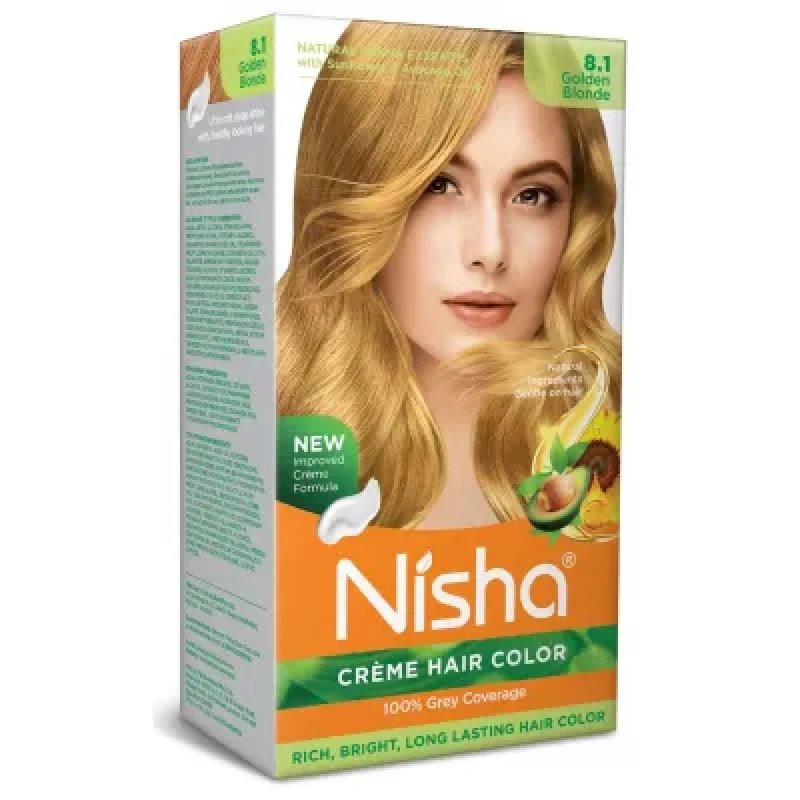 Nisha Creme Hair Color 8.1 Golden Blonde Developer (60Ml) Colorant Tube (60G) Conditioner (6Ml) Glove 1Pack