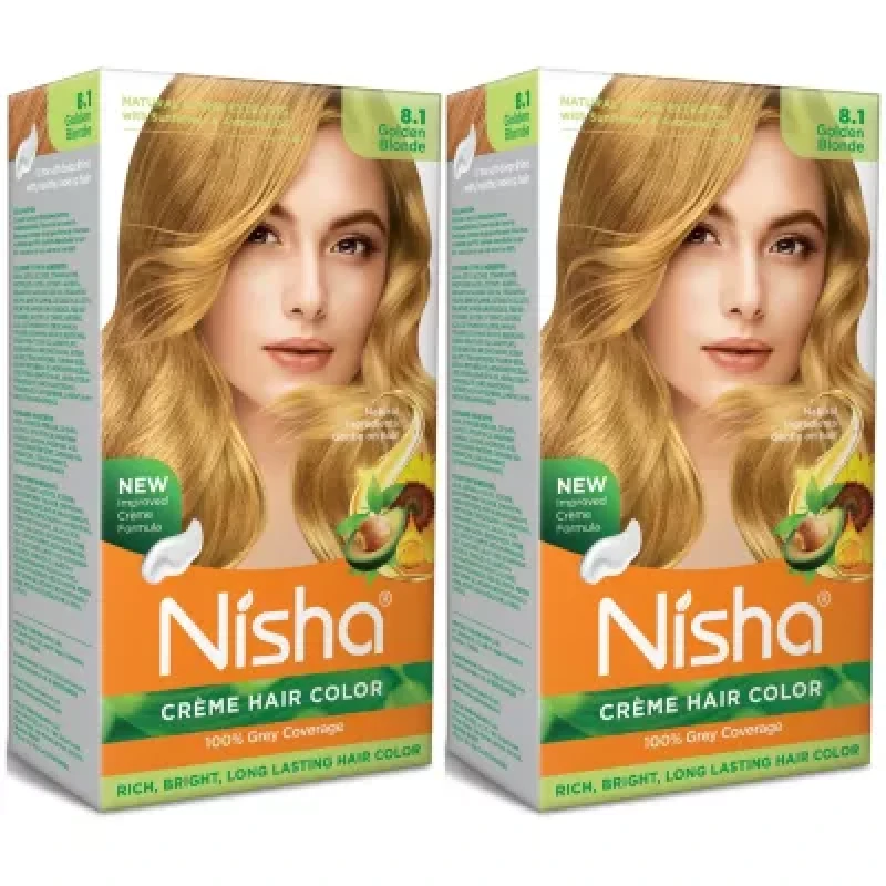 Nisha Creme Hair Color 8.1 Golden Blonde Developer (60Ml) Colorant Tube (60G) Conditioner (6Ml) Glove 1Pack