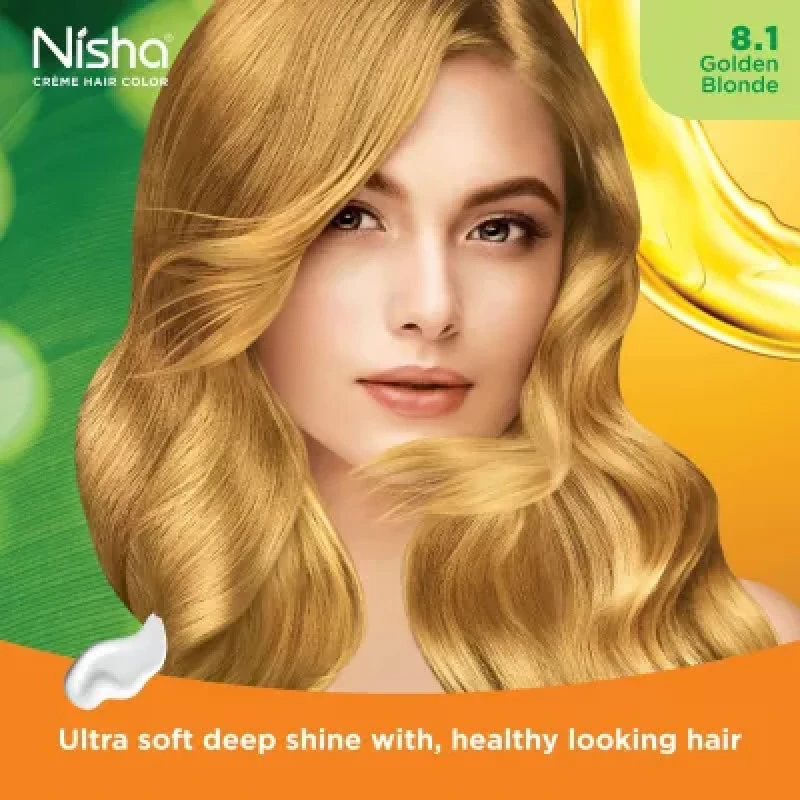 Nisha Creme Hair Color 8.1 Golden Blonde Developer (60Ml) Colorant Tube (60G) Conditioner (6Ml) Glove 1Pack
