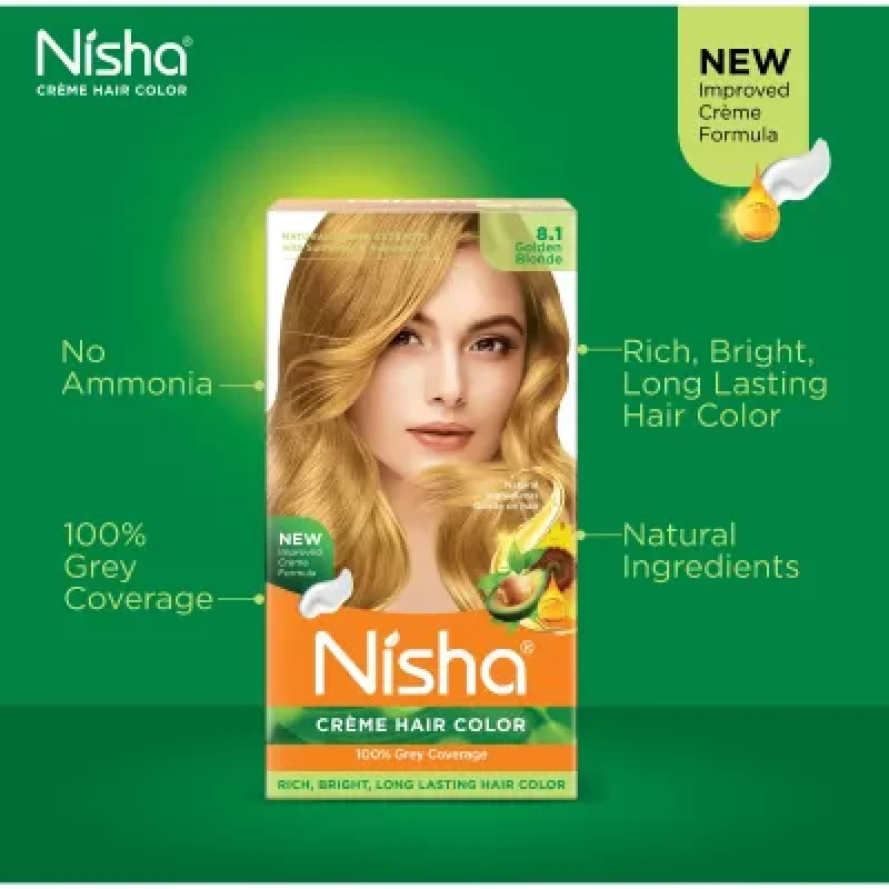 Nisha Creme Hair Color 8.1 Golden Blonde Developer (60Ml) Colorant Tube (60G) Conditioner (6Ml) Glove 1Pack
