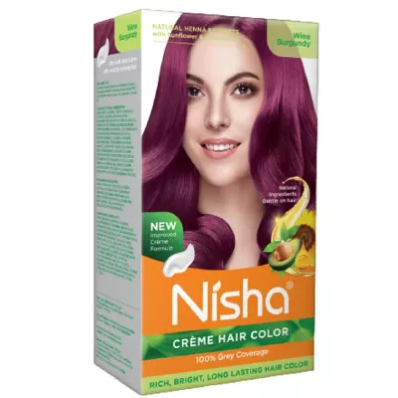 Nisha Creme Hair Color Wine Burgundy Developer (60Ml) Colorant Tube (60G) Conditioner (6Ml) Glove 1Pack