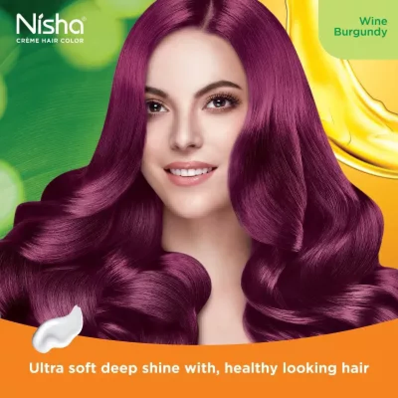 Nisha Creme Hair Color Wine Burgundy Developer (60Ml) Colorant Tube (60G) Conditioner (6Ml) Glove 1Pack